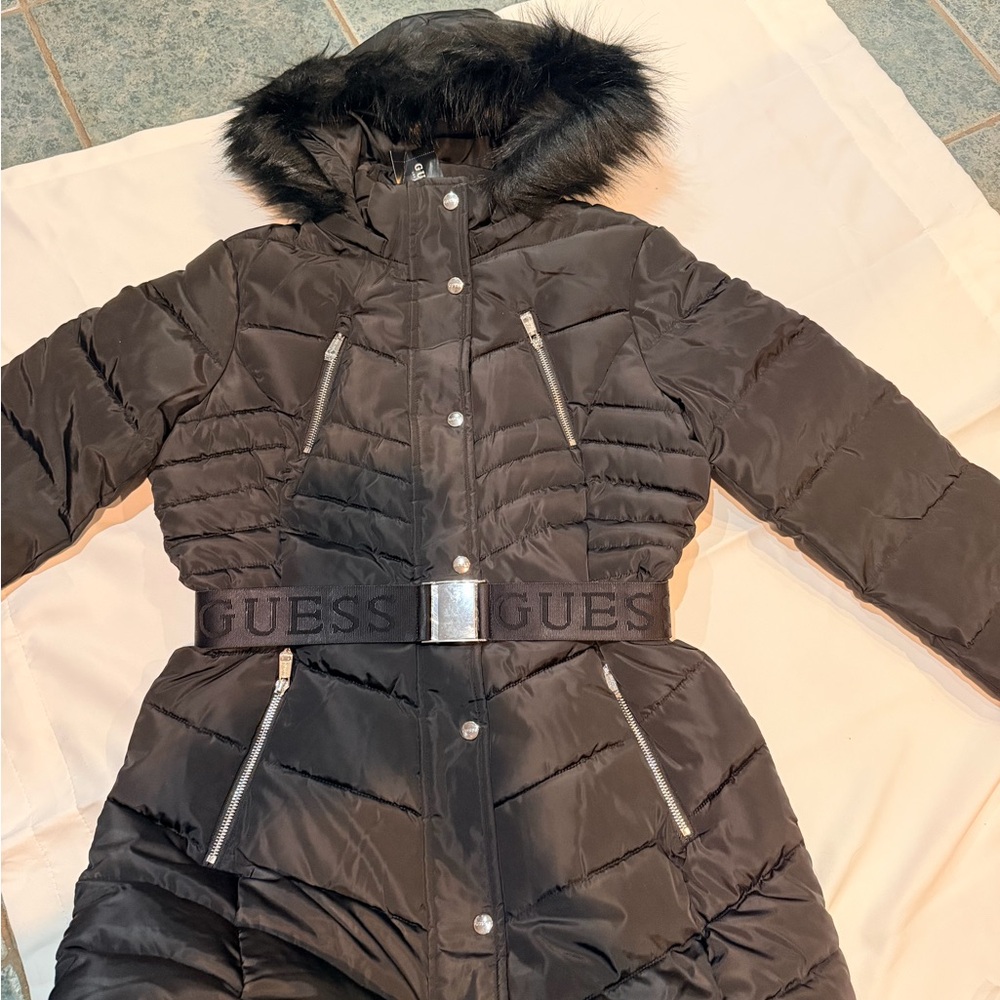 GUESS Women's Black Puffer Jacket with Fur Trim